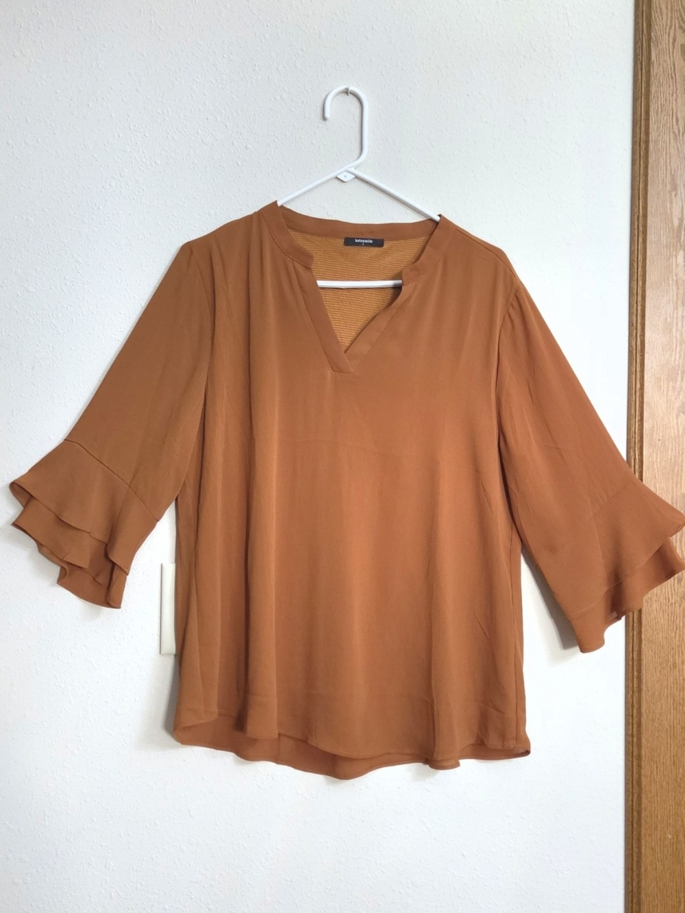 Rust Tiered-Sleeve V-Neck Blouse - Women